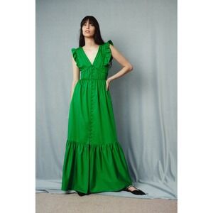 Self-Portrait Ruffled V-Neck Poplin Maxi Dress Sz 2 Ruffle Green Chic Sexy